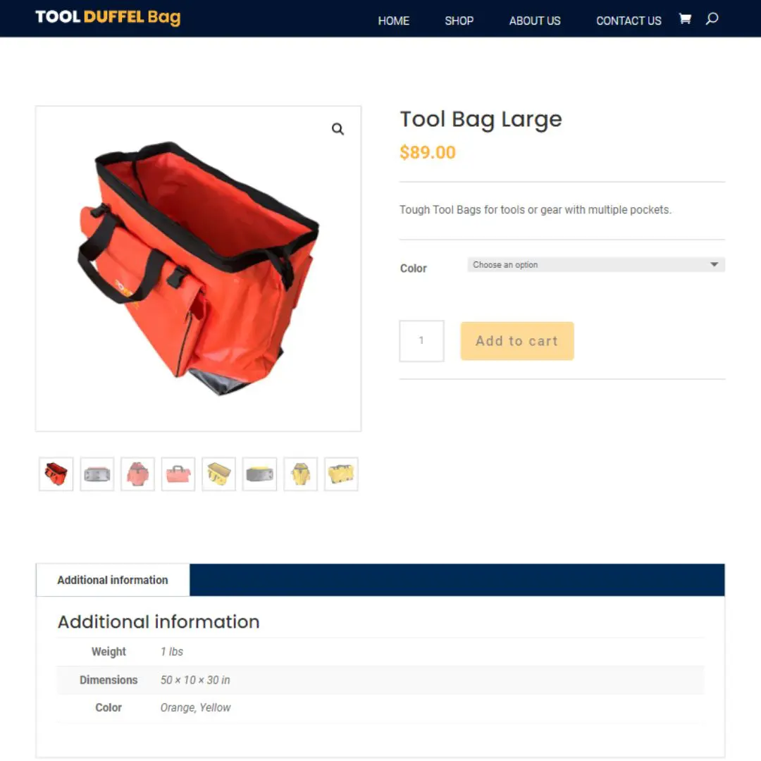 Screenshot of an online store page selling a large tool bag for $89.00. The bag is red with black handles.