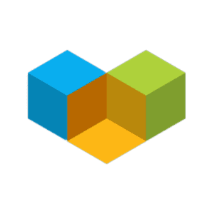 A 3D geometric shape composed of three connected cubes in blue, green, and orange, forming a heart-like design against a solid green background.