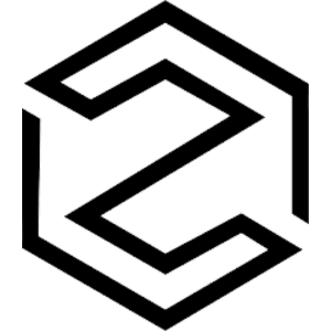 A black geometric logo resembling the letter Z within a hexagonal framework on a transparent background.