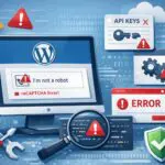 Illustration showing WordPress reCAPTCHA error on a login form with warning icons, API key issues, plugin conflicts, and security tools used to troubleshoot reCAPTCHA problems.