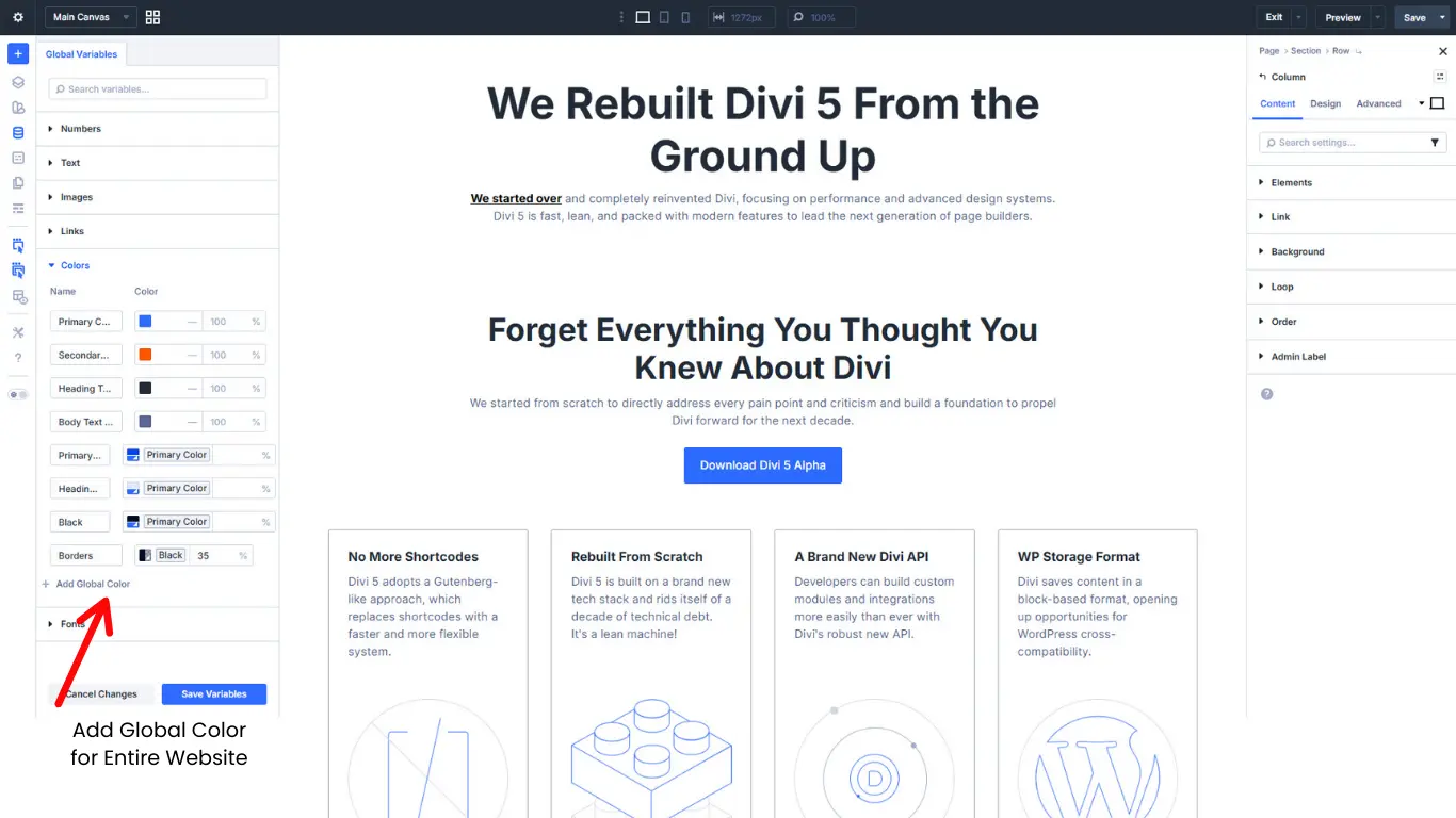 Divi 5 global color settings panel showing site-wide color palette management